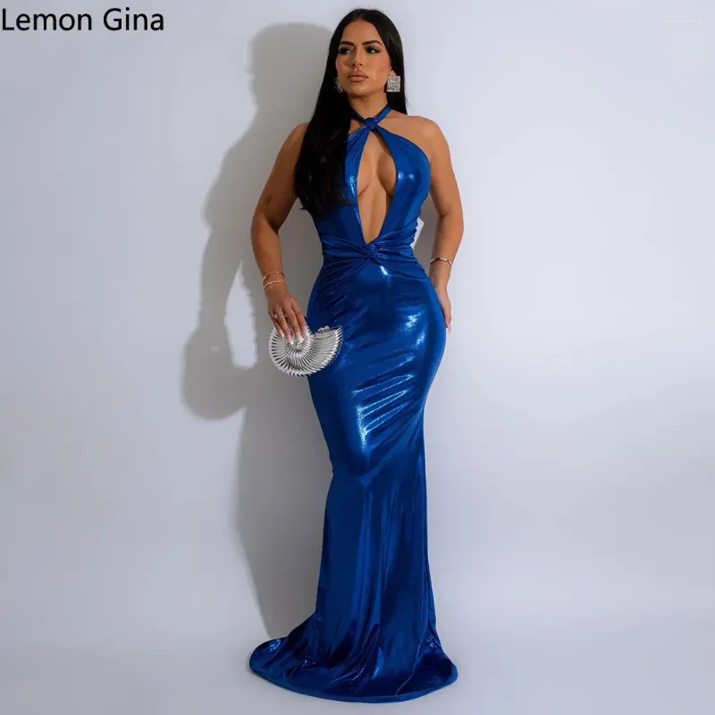 Abiti casual Lemon Gina Donna Halter Deep V-Neck Backless Senza maniche Doratura Compleanno Bodycon Midi Maxi Dress 2024