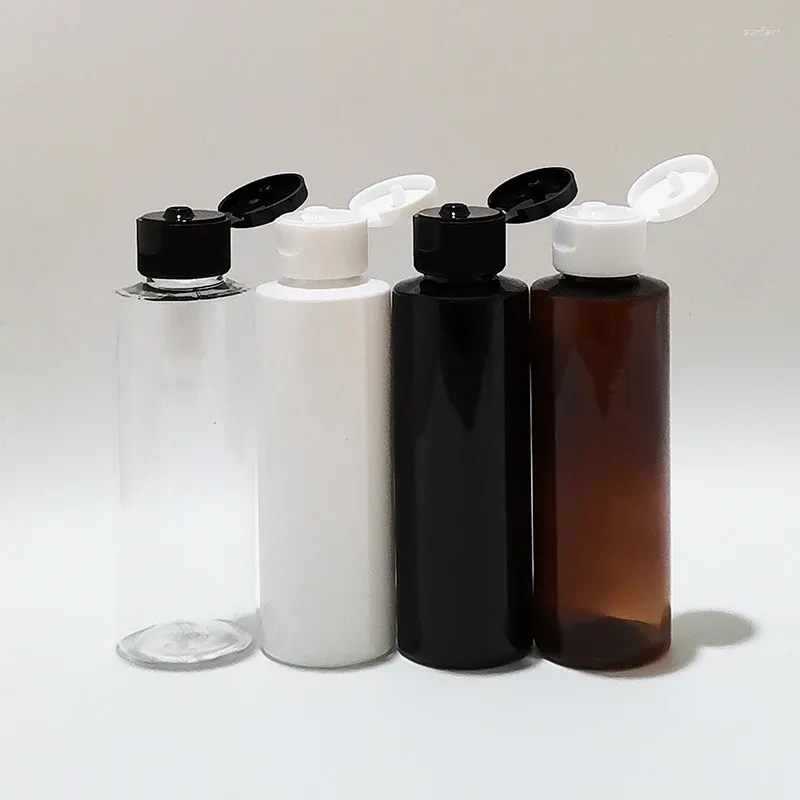 Bottiglie di stoccaggio 50 pezzi 120 ml Bottiglia in PET riutilizzabile trasparente marrone nero vuota con tappo a scatto Capacità 120 cc Gel doccia Shampoo Imballaggio cosmetico