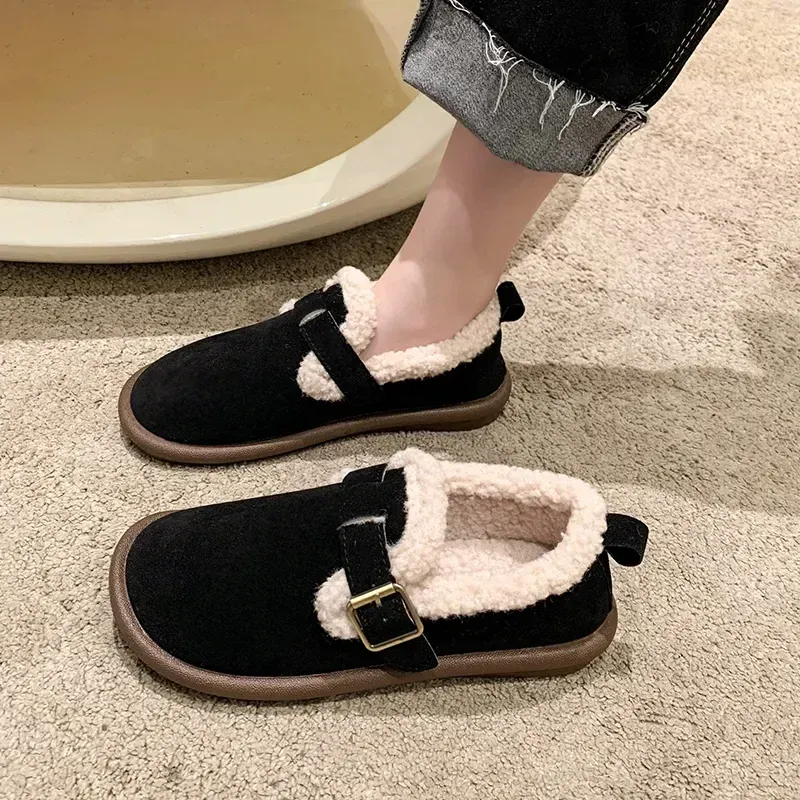 Flats dames katoenen schoenen herfst en winter nieuwe mode massief t mat oppervlak met lam fleece warm en niet -slip platte schoenen