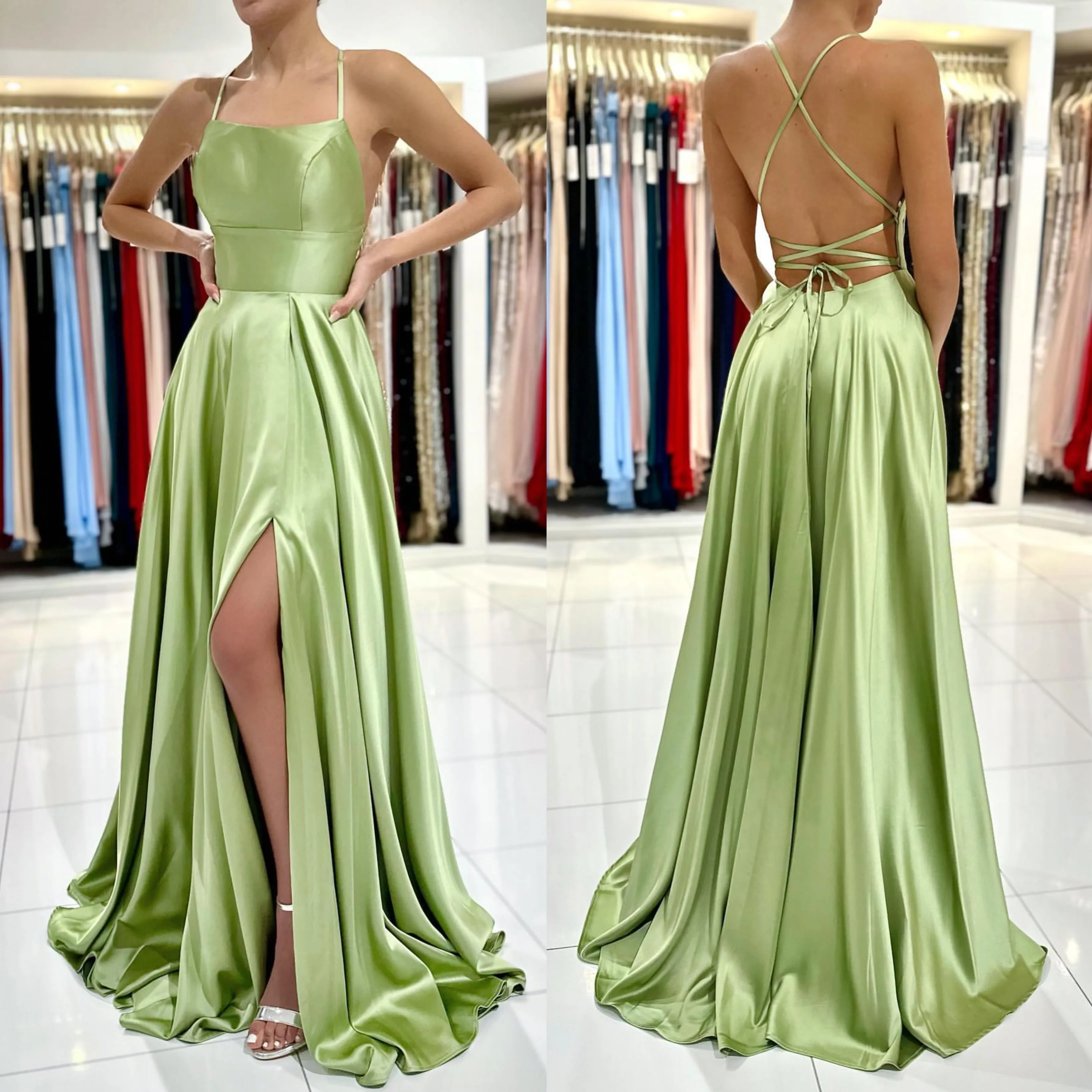 Vert clair une ligne robe de bal demoiselles d'honneur robe spaghetti robes de soirée robes élégantes à lacets dos robes de demoiselle d'honneur en satin pour des occasions spéciales