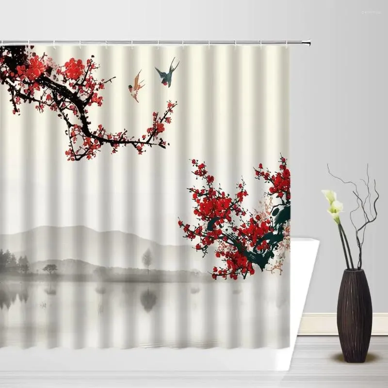 Duschvorhänge Kirschblüte japanische Pflaumenblume Berg asiatische traditionelle Tuschemalerei Vintage chinesischer Stil Badezimmerdekor