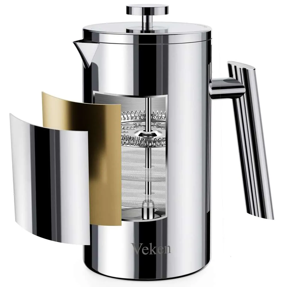 Veken Théière à piston français 34 onces (environ 963,9 grammes) 1 litre, presse à café en acier inoxydable isolée sous vide à double couche avec 4 écrans filtrants,