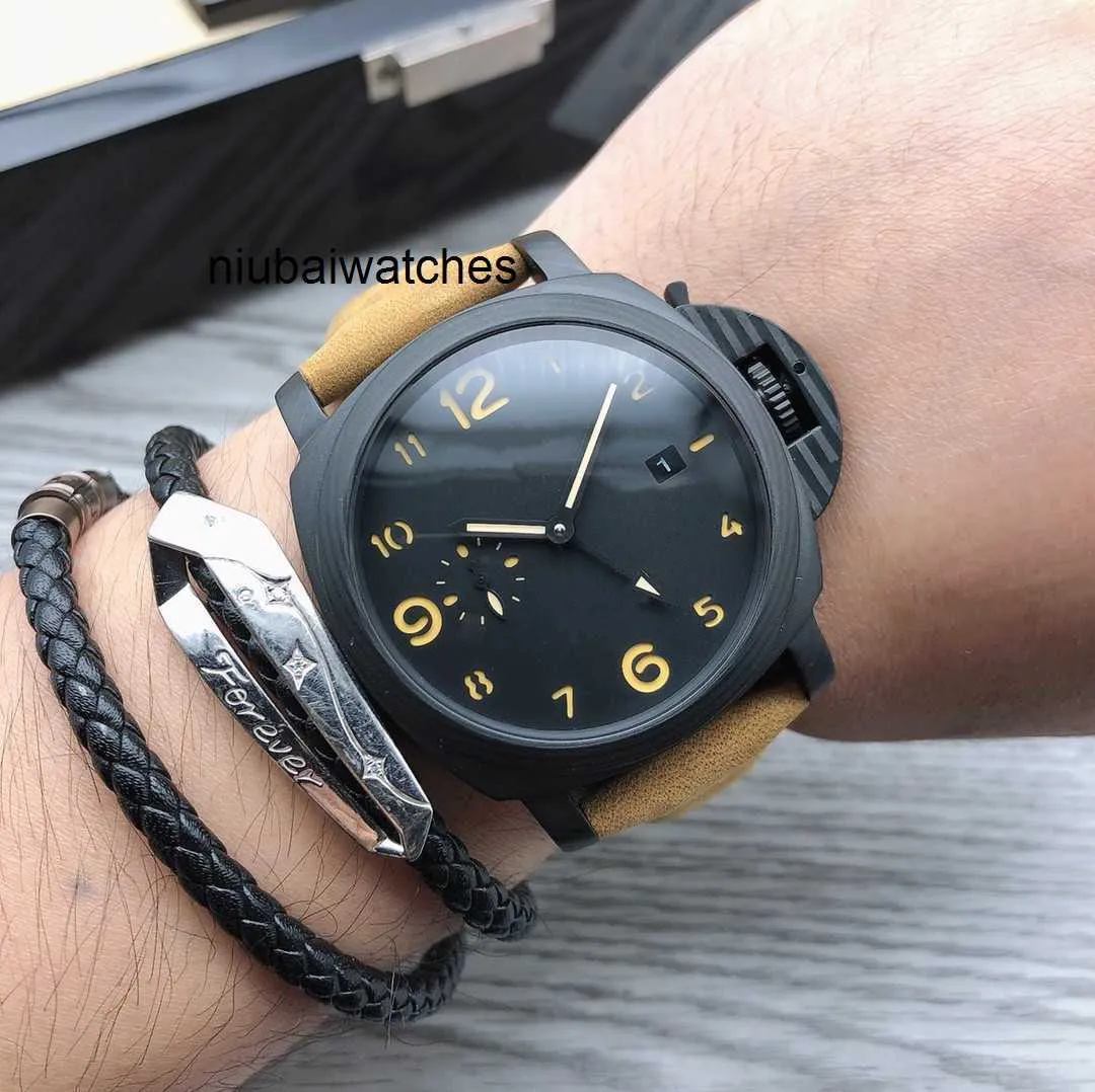 Titta på Mens Designer Automatisk mekanisk 44mm kol Lysande rygg skelett klockor rörelse sport wlri