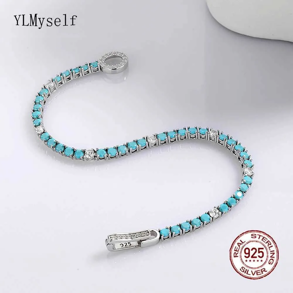 Bracelet de tennis en argent sterling, chaîne 16-19cm, pavé de 3mm turquoise mélangé avec du zircon blanc, bijoux authentiques 925 Q240401