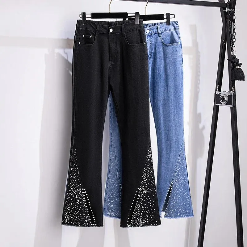 Women's Jeans 5XL 6XL 7XL Spring Summer Fashion Beaded Cowboy Flared Pants Female High Waist Casual Vintage Denim Trousers