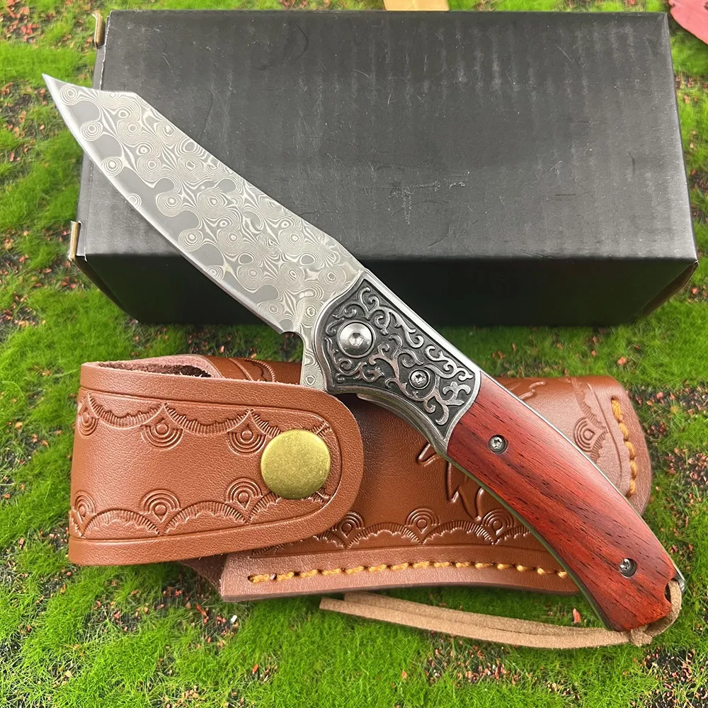 New A6708 High Quality Flipper Folding Knife Damascus Steel Tanto Blade Rosewood Handle Ball Bearing Outdoor Camping Hiking EDC Folder Knives