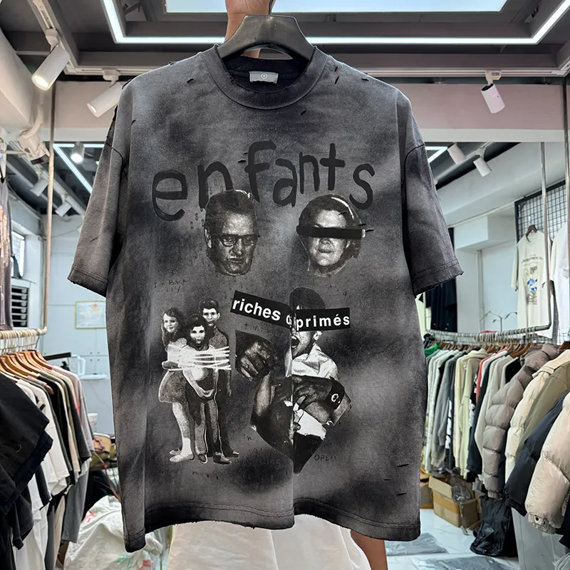 Lavage noir t-shirts t-shirts hommes chemise trou Vintage taille américaine t-shirts Hip Hop vraies photos 24SS