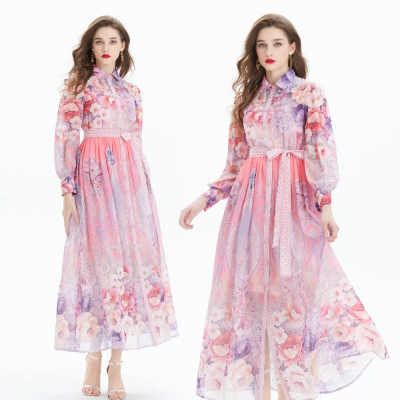 Pink Chiffon Floral Resort Long Maxi Dress Designer Women Elegant Button Cardigan Shirts Dresses Stand Collar Ladies Belt Casual Sashes Casual Beach Party Clothes