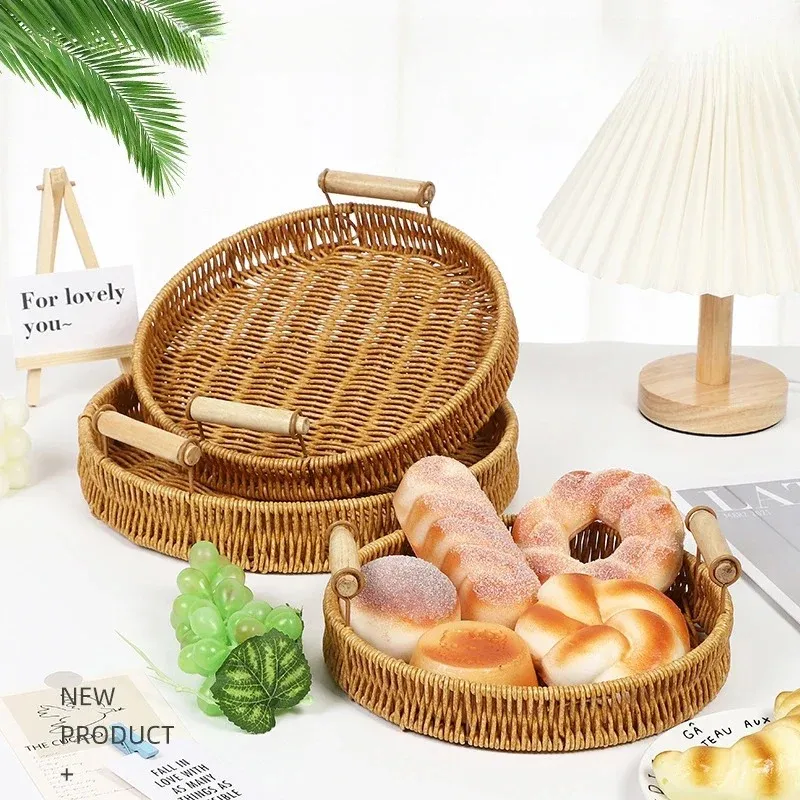 2024 Plastic Storage Tray With Handle Imitation Rattan Weaving Basket Sundries Plate Fruit Platter Tea Tray Dinner Serving Trayfor Imitation