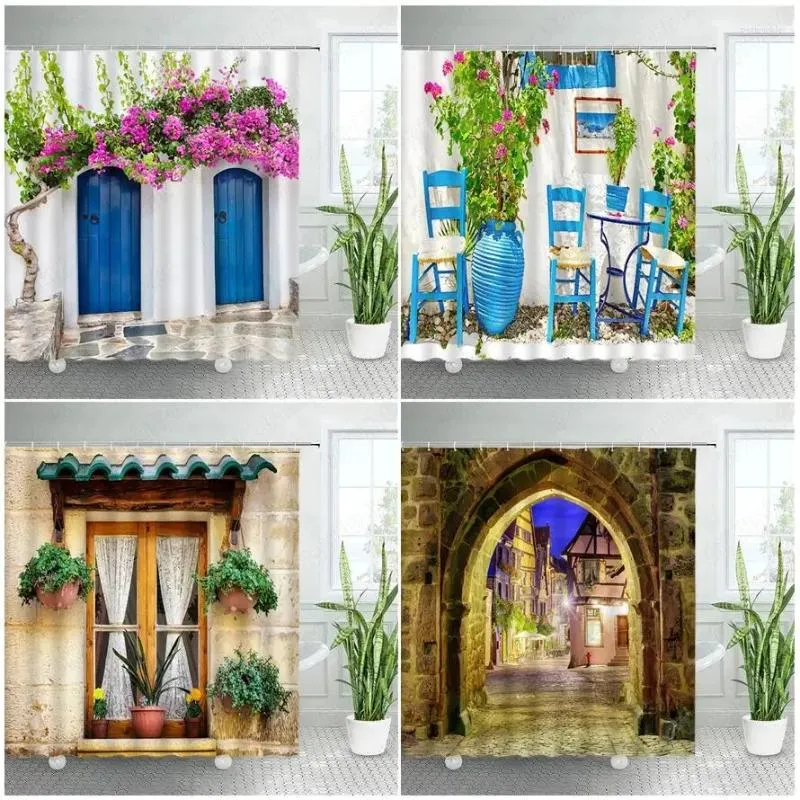 Rideaux de douche rue fleur plante florale bleu porte en bois rétro brique mur fenêtre jardin scénique suspendu rideau salle de bain décor