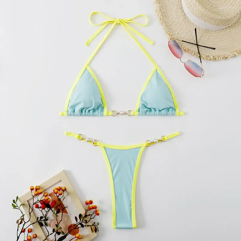 Costumi da bagno da donna 2 pezzi/set Set bikini estivo alla moda Tessuto morbido Donna Wild Nessun vincolo Perizoma con perle imitazione