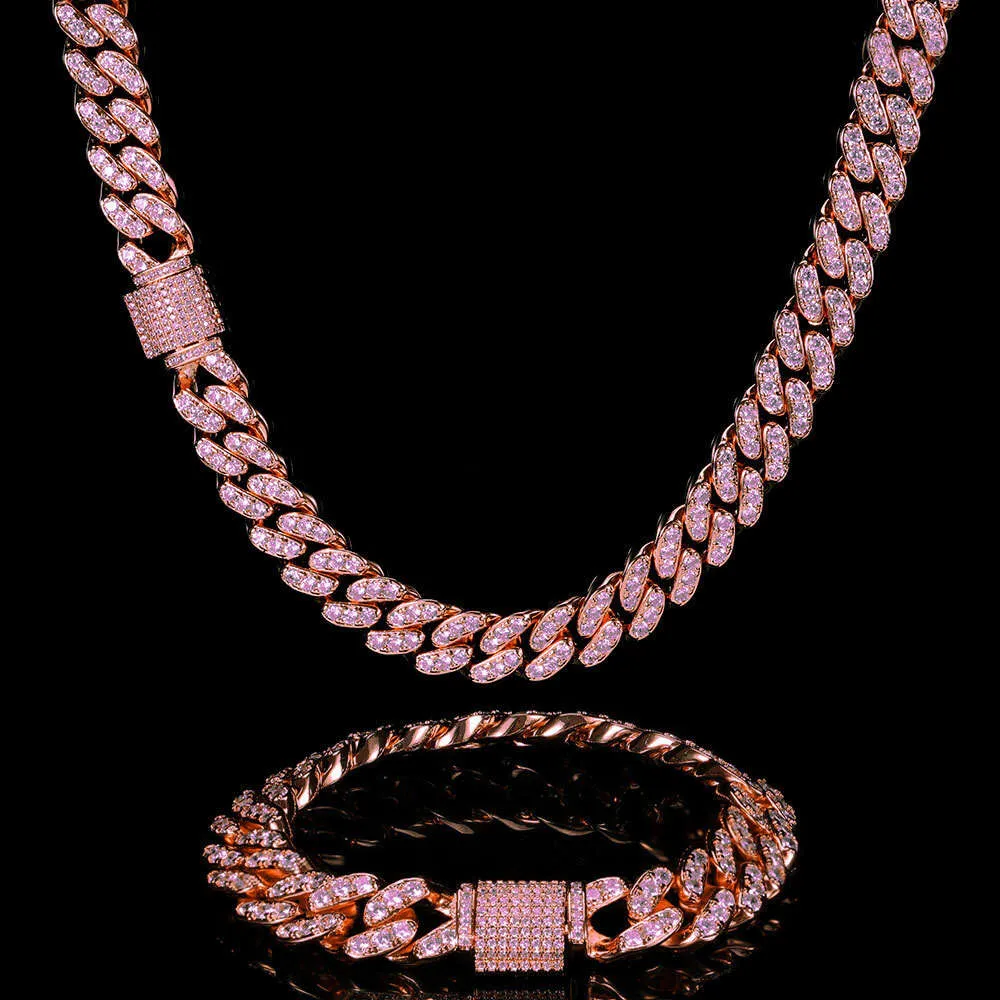 12mm silver rosguld två ton rosa vit moissanite is ut cz tunna män miami stil kubansk länk halsbands anklet choker armband