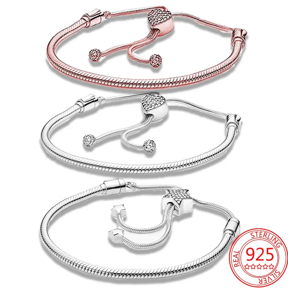 Bracelets Sparkling 925 Sterling Silver Star & Heart Sliding Clasp Bracelet DIY Women's Gift