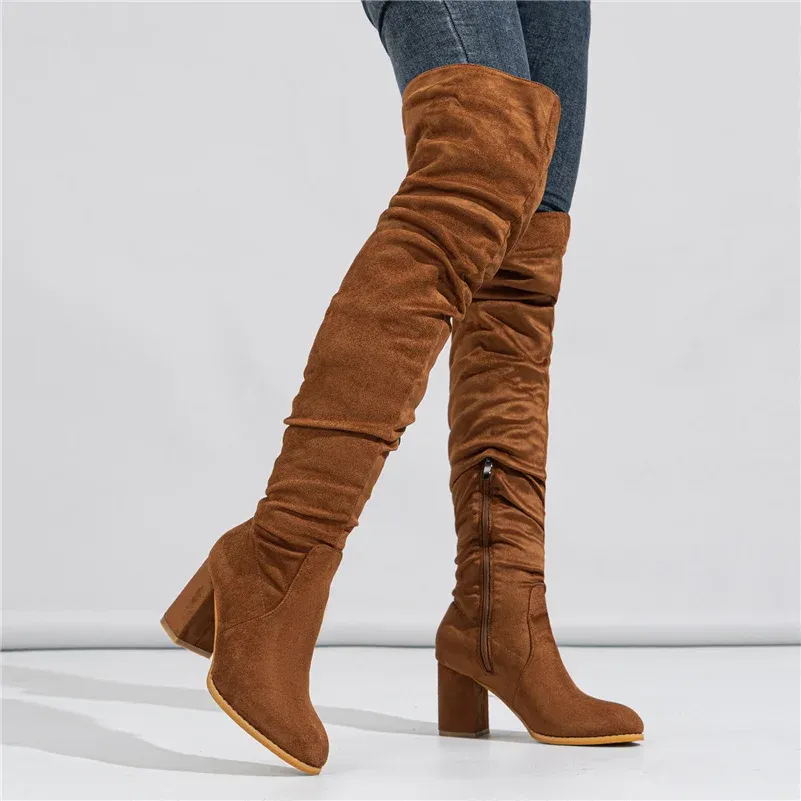 Boots Women Over The Knee High Boots 11cm High Heels Suede Low Block Heels Lady Fashion Fetish Stripper Long Booties Brown Flock Shoes