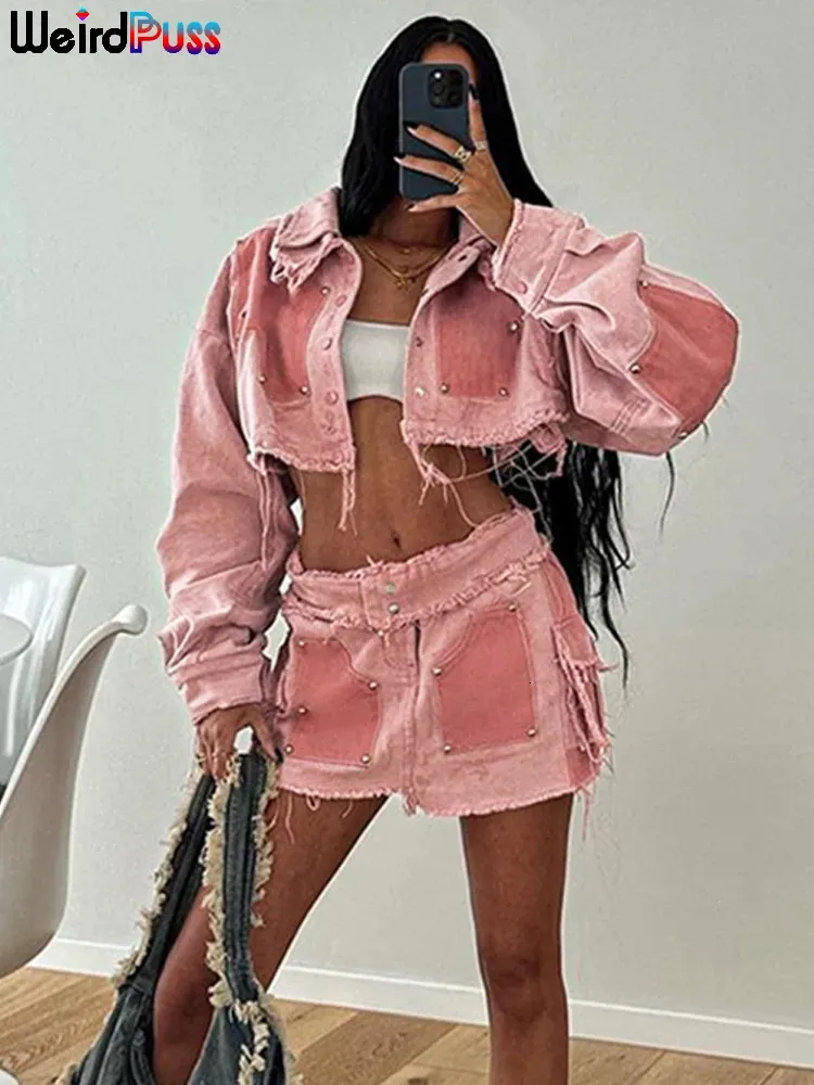 Weird Puss Y2K Denim Vrouwen 2 Delige Set Cool Hipster Single-Breasted JacketPeach Hippe Rokken Zak Bijpassende streetwear-outfits240401