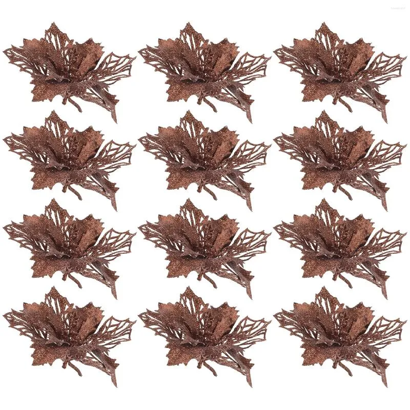 Dekoratif Çiçekler 12 PCS Noel Glitter Poinsettia Noel Çelenk Çelenk Tatil Dekorasyonu (Karanlık Kahve)