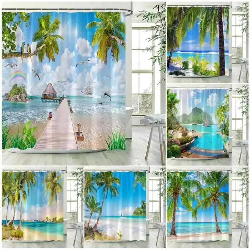Dusch gardiner hav landskap gardin strand palmer