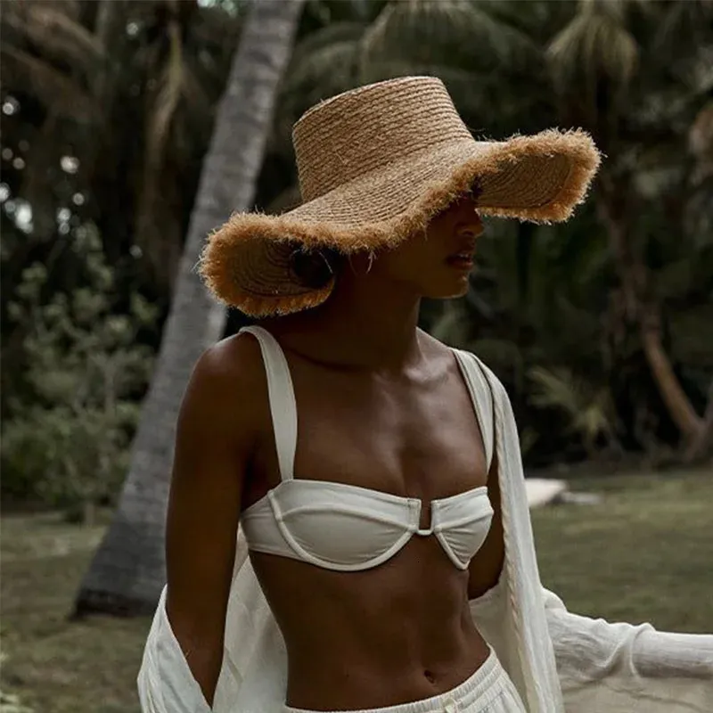 Mulheres palha chapéus de sol aba larga verão praia boné para mulheres dobrável viagem proteção uv chapéu moda grandes beirais 240326