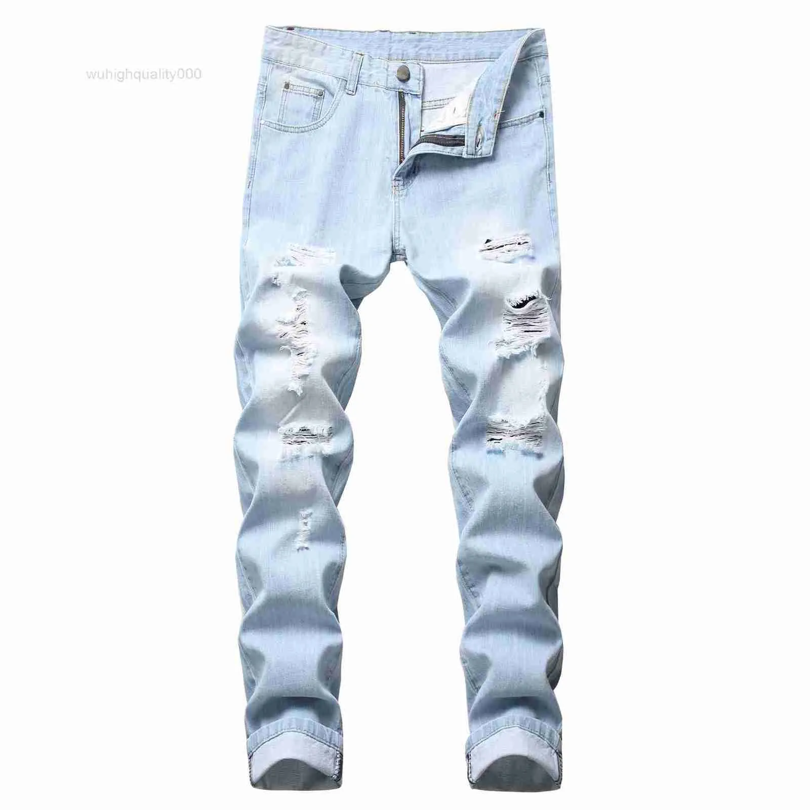Mens Jeans Light Color Slim Fit Hole High Street Blue Nonelastic Casual Fashion Urban Stretwear