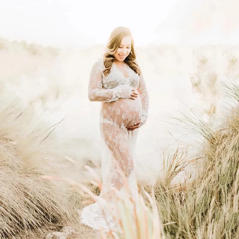 Spets gravid kvinna klänning moderskapsklänningar för po shoot mante grossesse baby shower klänning mammalagspotte 240319