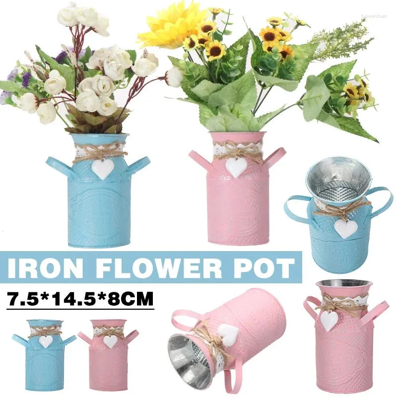 Vases 1Pcs Metal Vintage Shabby Chic Flower Vase Tin Pitcher Jug Wedding Home Decoration Green/Silver/Blue/Pink