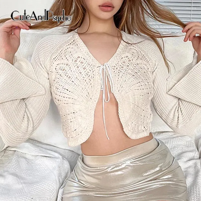 Women's Sweaters Cuteandpsycho Chic Butterfly Crochet Y2K Long Sleeves V-Neck Crop Tops Streetwear Aesthetic Casual Lace-up Cardigans