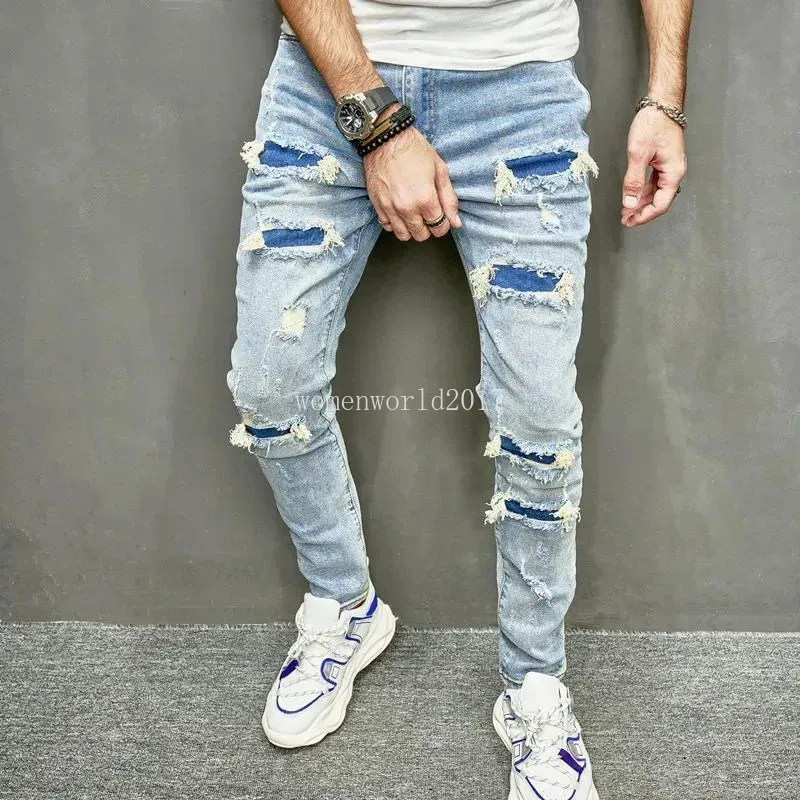 Męskie dżinsy ułożone w stosy męskie otwory streetwearu chude męskie stylowe rozryte solidne spodni hip hop Slim Denim Spoders