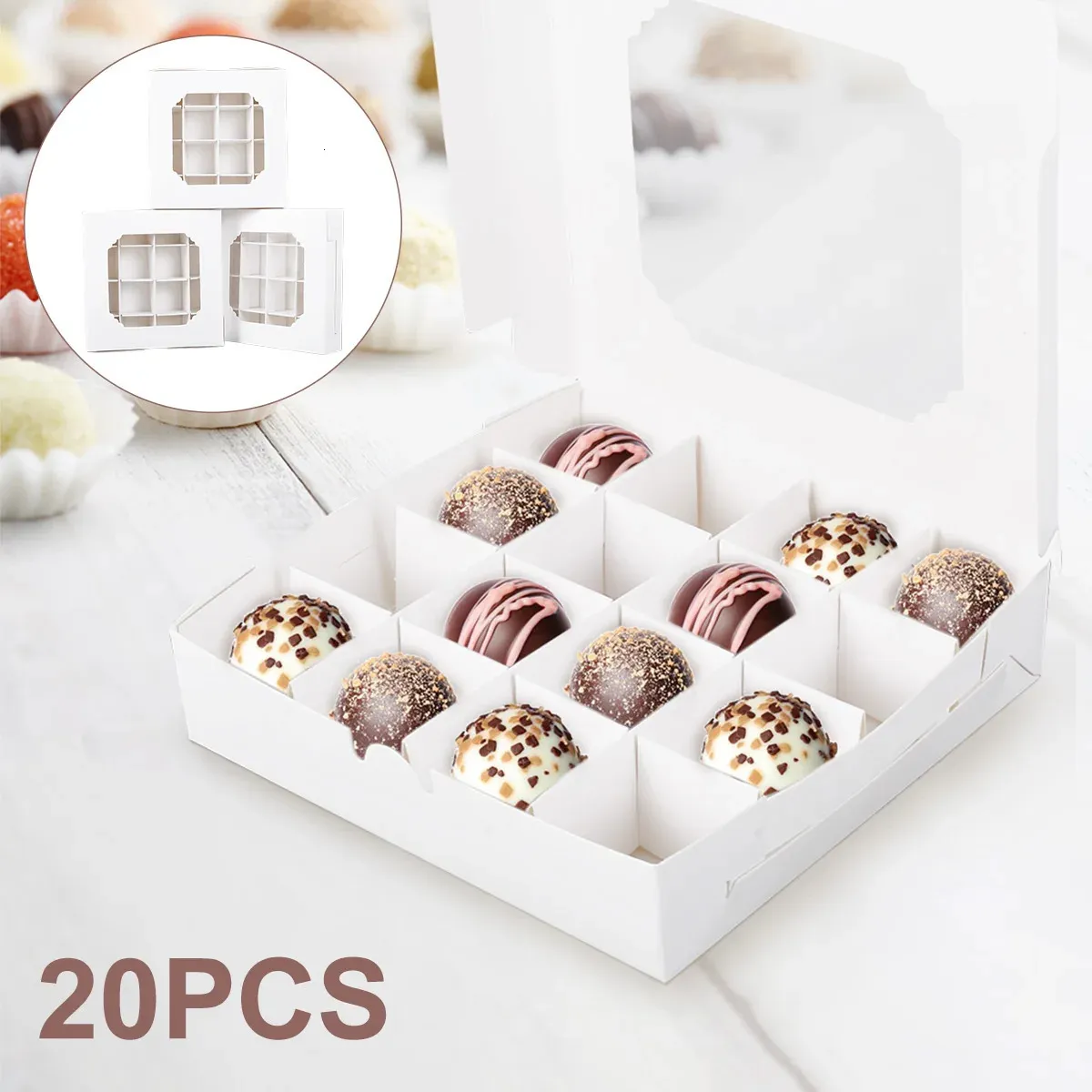 20Pcs Party Cupcake Boxes Empty White Gift Candy Boxex Inserts Clear Window Divider Chocolate Cake Packaging Bag Party Supplies 240322