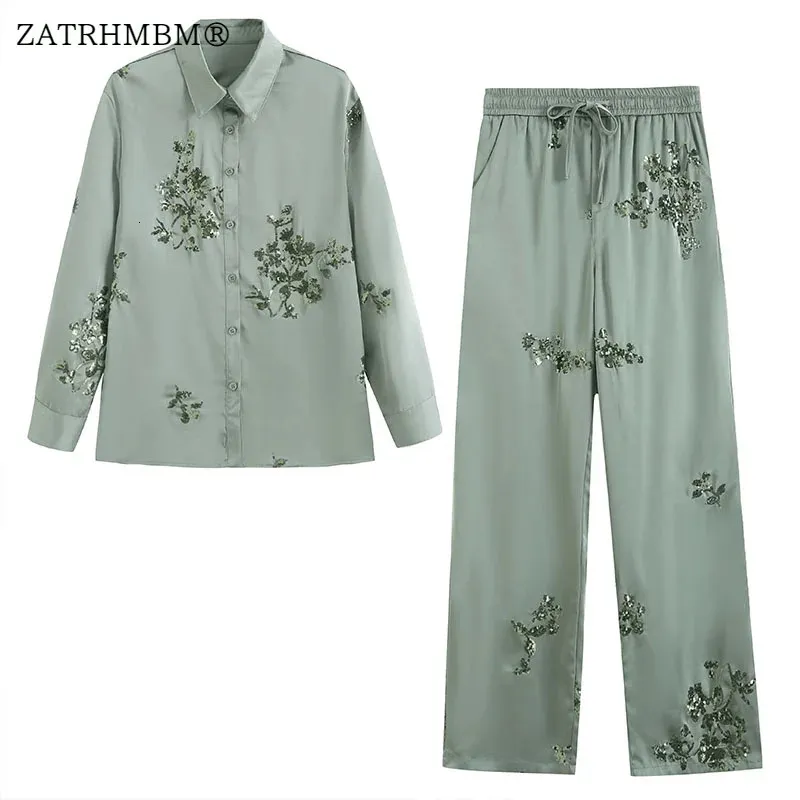 Zatrhmbm 2023 moda feminina camisa de cetim com lantejoulas e cordão calças de cintura alta conjunto chique juventude férias terno 240326