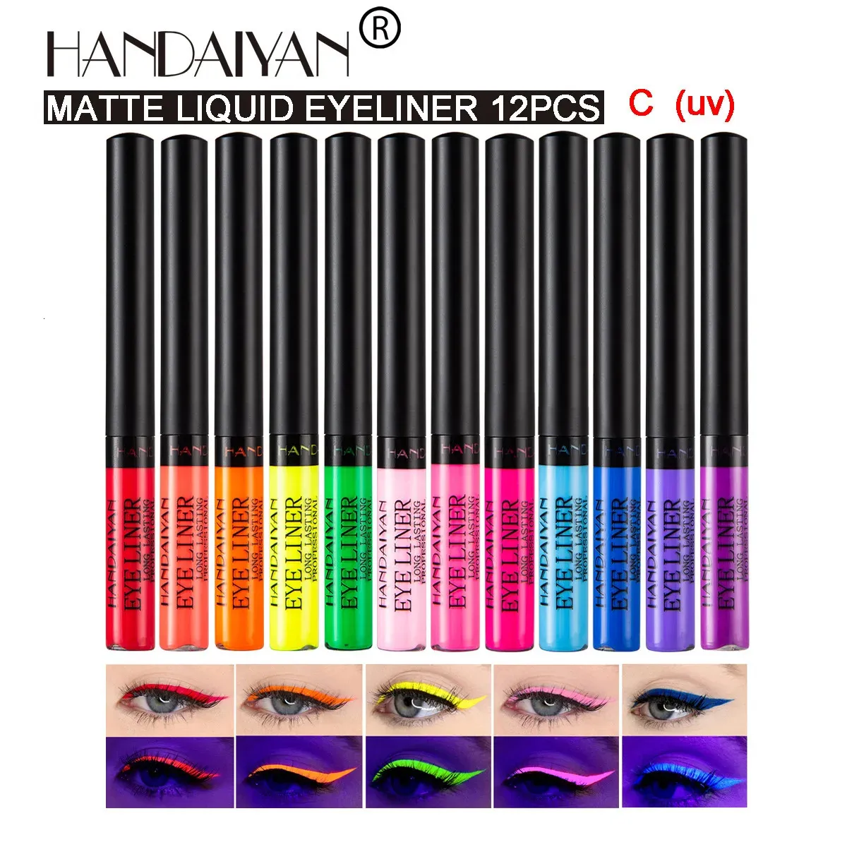 Handaiyan 12 Colors Matte UV光液体カラフルなアイライナーキット防水装着メイクアップアイライナーペンシル240325