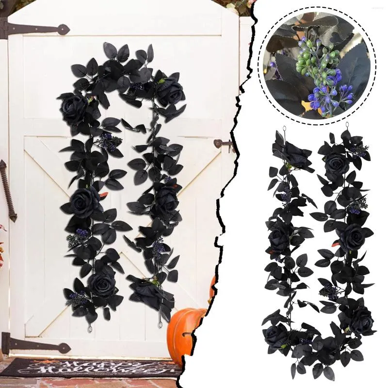 زهور زخرفية سوداء وردة كرمة لديكور الهالوين معلقة زهرة الحرير إكليل جدار المنزل في الهواء الطلق زينييا