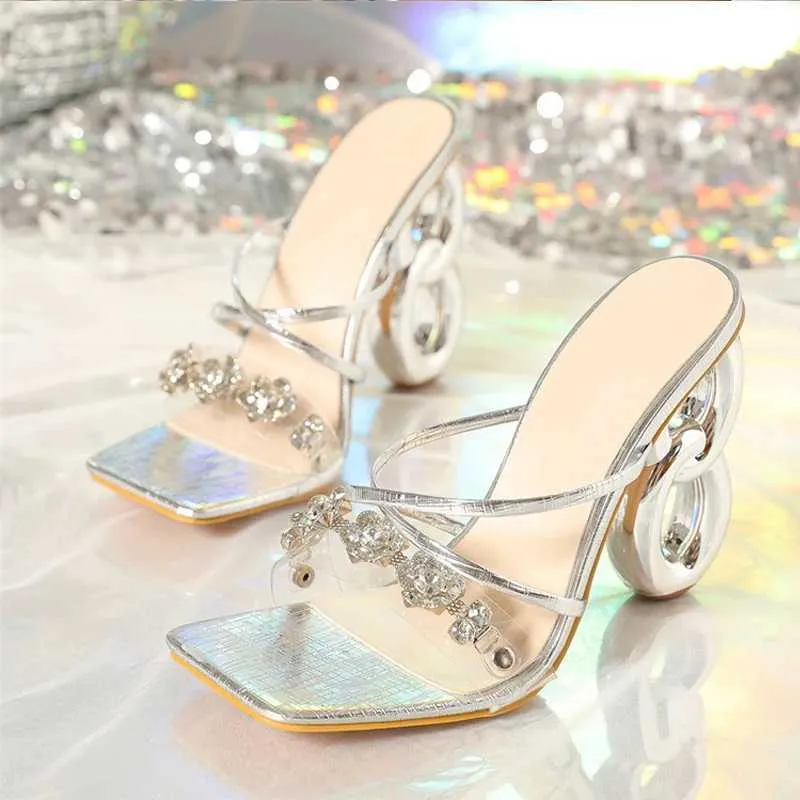 Klädskor sommarfest tofflor damer mode kristall blomkedja designer sandaler kvinnor skor konstiga höga klackar zapatos jer h2404018bhm