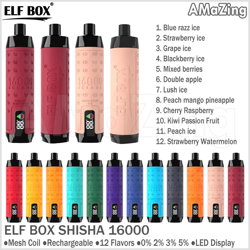 Elf Box Shisha Puff 16K Descartáveis E Cigarros Recarregáveis 16000 Puffs Mesh Coil Vape Pen 12 Sabores 0% 2% 3% 5% 28ml Carrinhos de cápsulas pré-preenchidos vs 15000 15k 12000 12k