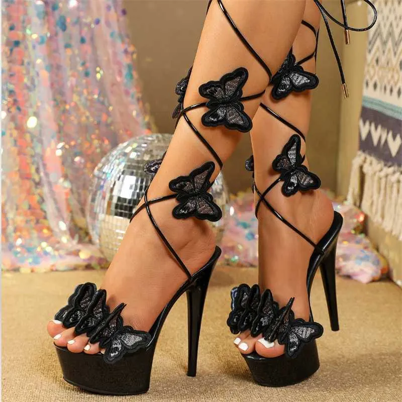 Dress Shoes Handmade Embroidery Butterfly Cross Ankle Strap High Heels Platform Sandals Women Sexy Open Toe Wedding Banquet Prom Shoes H240401MH1H