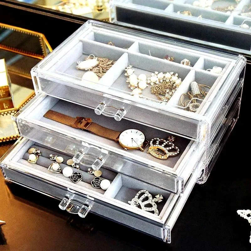 Bolsas de joyería Caja de acrílico Organizador de tres capas Anillo de estilo de cajón Grande Multifuncional con cajones Vitrinas de exhibición