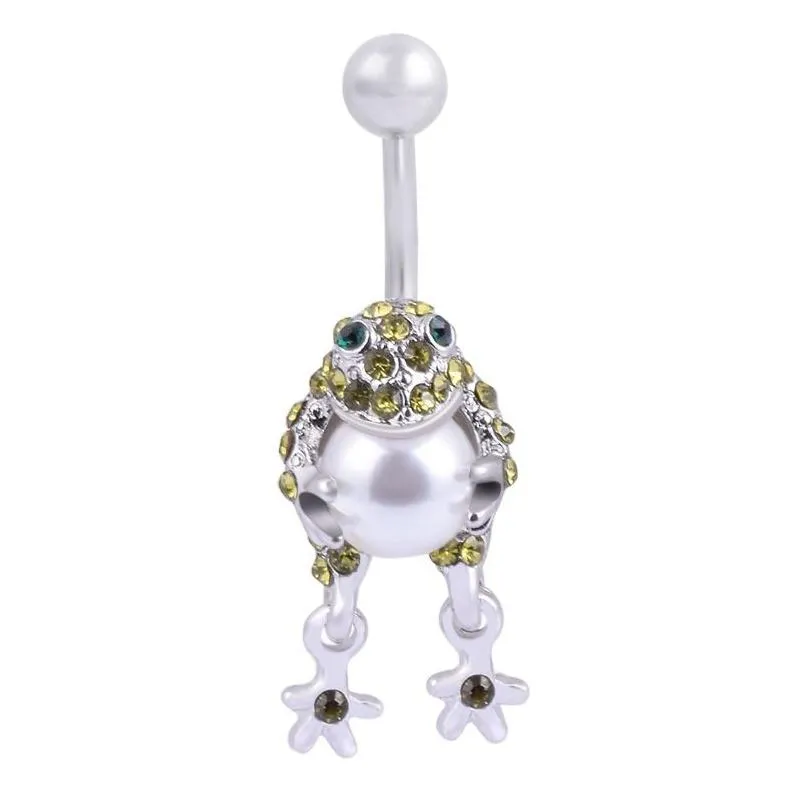 Navel Bell -knappringar Personlig Pearl Frog Toad Piercings Sier Barbell Rhinestone Navel Belly Rings Sexig kirurgiskt stål Otty7