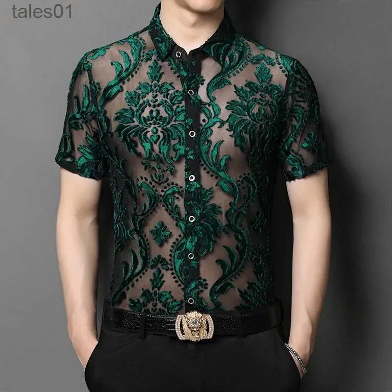 Men's Plus Tees Polos Green Floral Embroidery Transparent Shirt Men See Through Sexy Dress Shirts Mens Social Party Lace Sheer Blouse 2XL yq240401