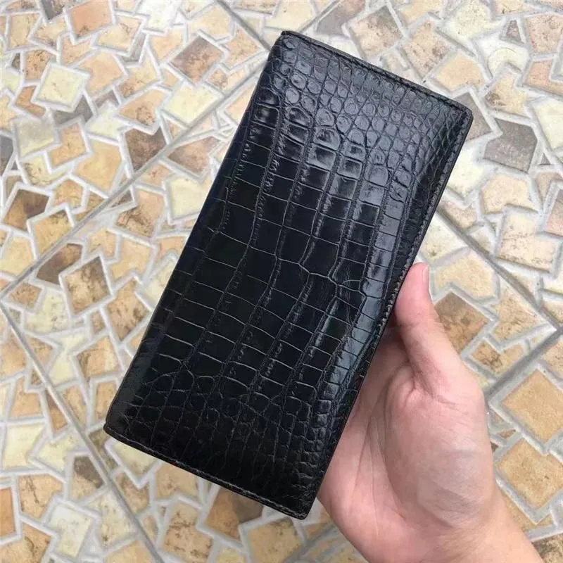 財布本物の本物のクロコダイルの皮膚肌ビジネスマンロングバイフォールドウォレットクラッチ財布本物のワニ革の男性カードホルダー