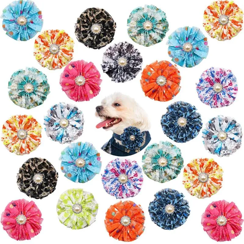 Odzież dla psów 10pcs Flower Pet Kllar Bows Cat with Pearl Diomand Murs Puppy Ruchable do małych akcesoriów pielęgnacyjnych