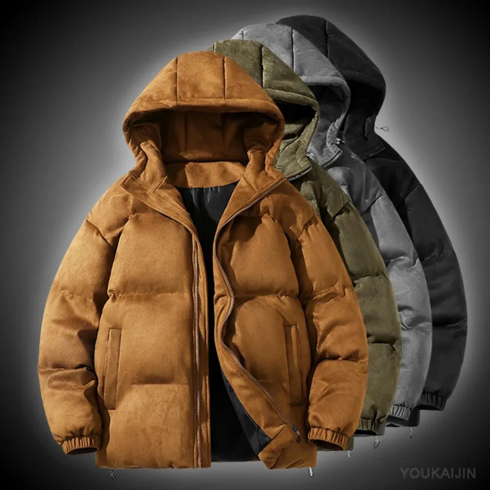 Hooded Parka Jacket Mens: Suede Puffer Winter Coat With Cotton