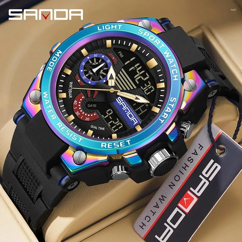 Armbandsur Sanda 3302 Men's Electric Watch Multi-Function Fashion Trend Outdoor Luminous Alarm Clock Watertproof stockproof armbandsur 2024