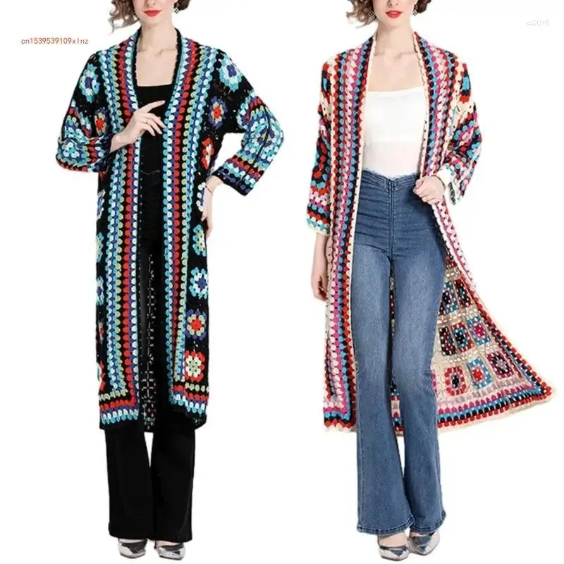 Vestes féminines vintage Crochet coloré long cardigan tricot en tricot ouvert pour les filles