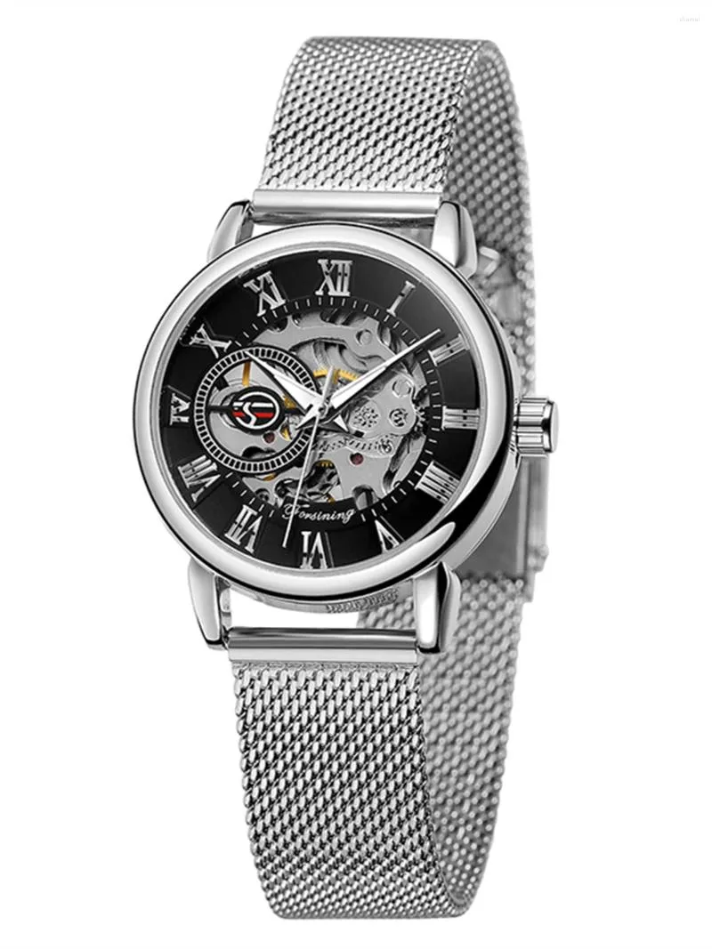 Montres-bracelets Argent Petite montre en acier Cadran noir Mécanique et auto-mouvement Montres pour femmes pour hommes