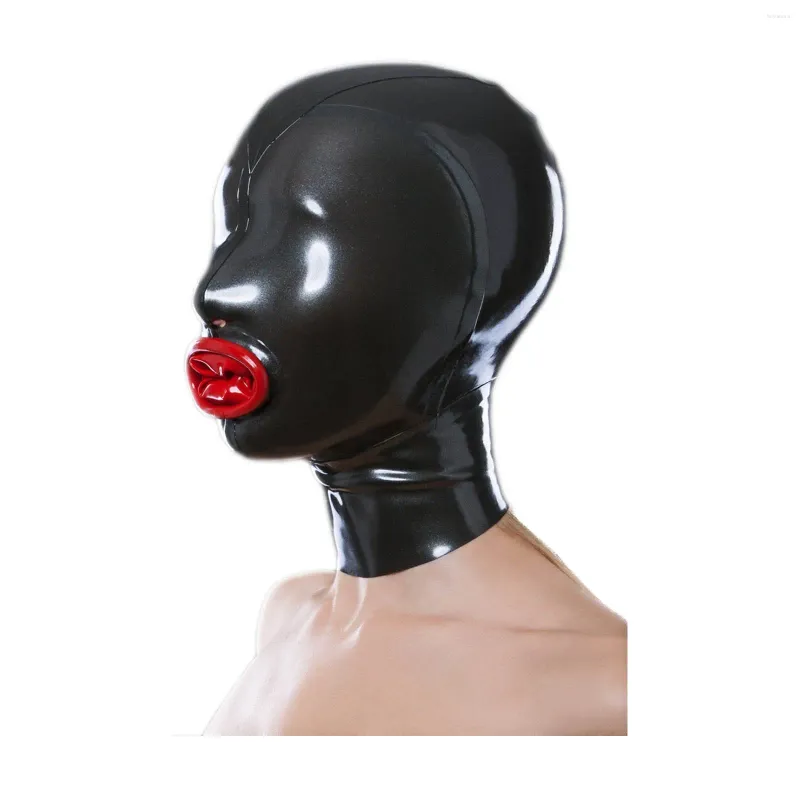 Ensembles de soutien-gorge Monnik Masque en latex Capuchon avec manche rouge et découpes pour narines Fermeture à glissière arrière Catsuit fait à la main Cosplay Party