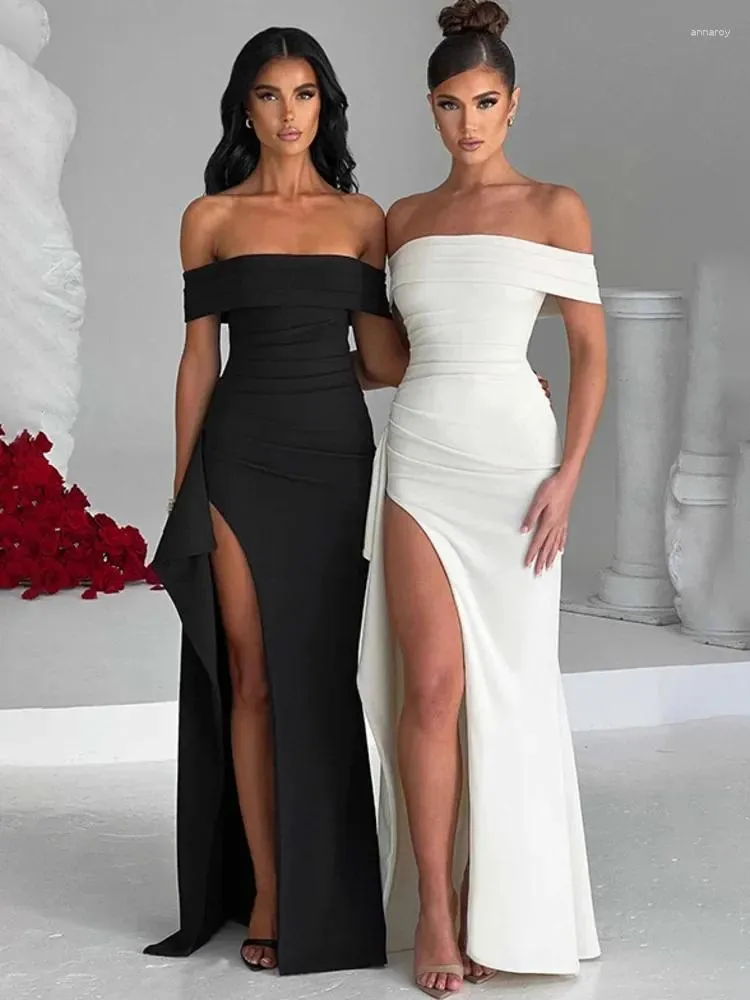 Casual Dresses Slash Neck Backless Bodycon Sexy Party Evening Dress Elegant Off-shoulder Ruffled Thigh High Split Maxi For Women