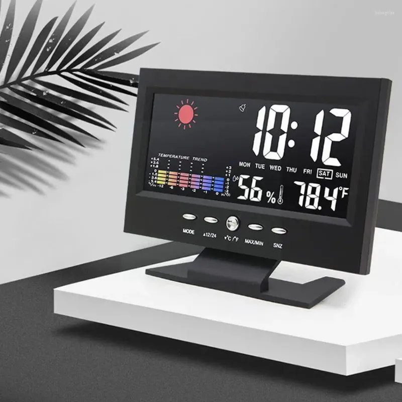 Orologi da tavolo Orologio digitale intelligente Stazione meteorologica Display Funzione di allarme Calendario wireless Misuratore di umidità Tempera T0r3