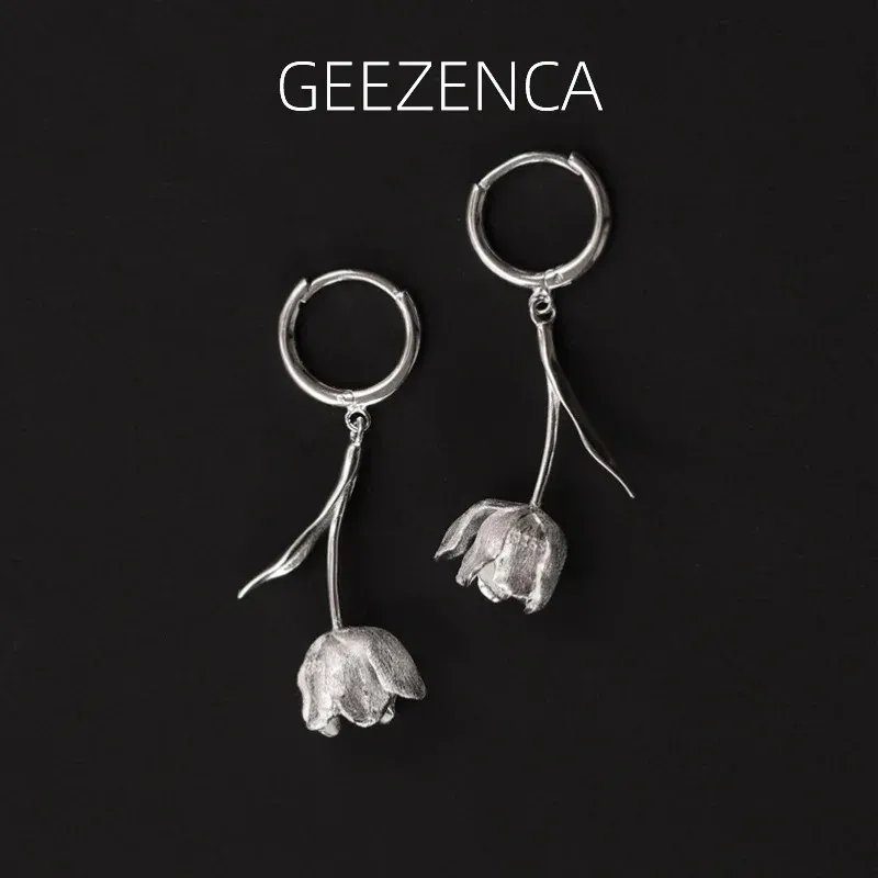 Geezenca 925 Sterling Silver Tulip Flower dangle earrings for women frenchシックミニマルな贅沢なフープイヤリングギフト240401