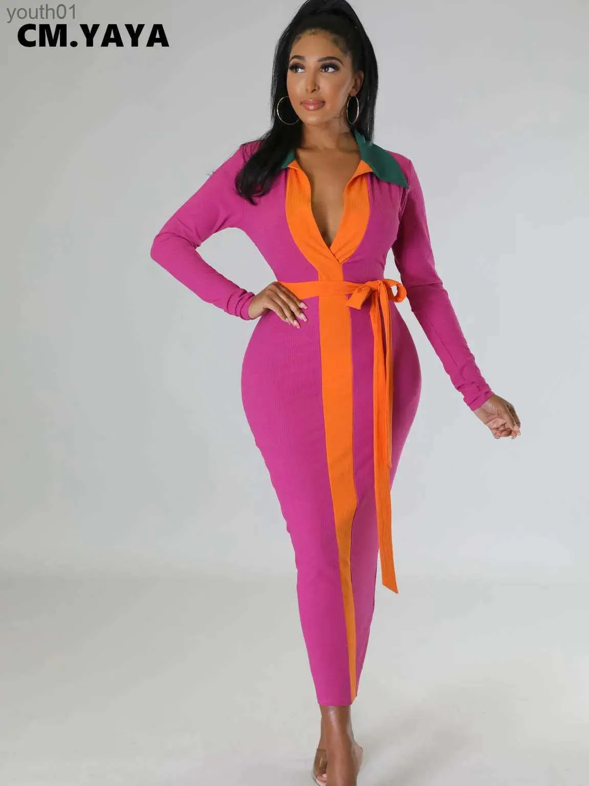 Robes décontractées de base CM.YAYA Femmes Élégantes Tricot Côtelé Patchwork Col Rabattu Revers Moulante Robe Midi Sexi Nuit Chaude Robe Feminino yq240402