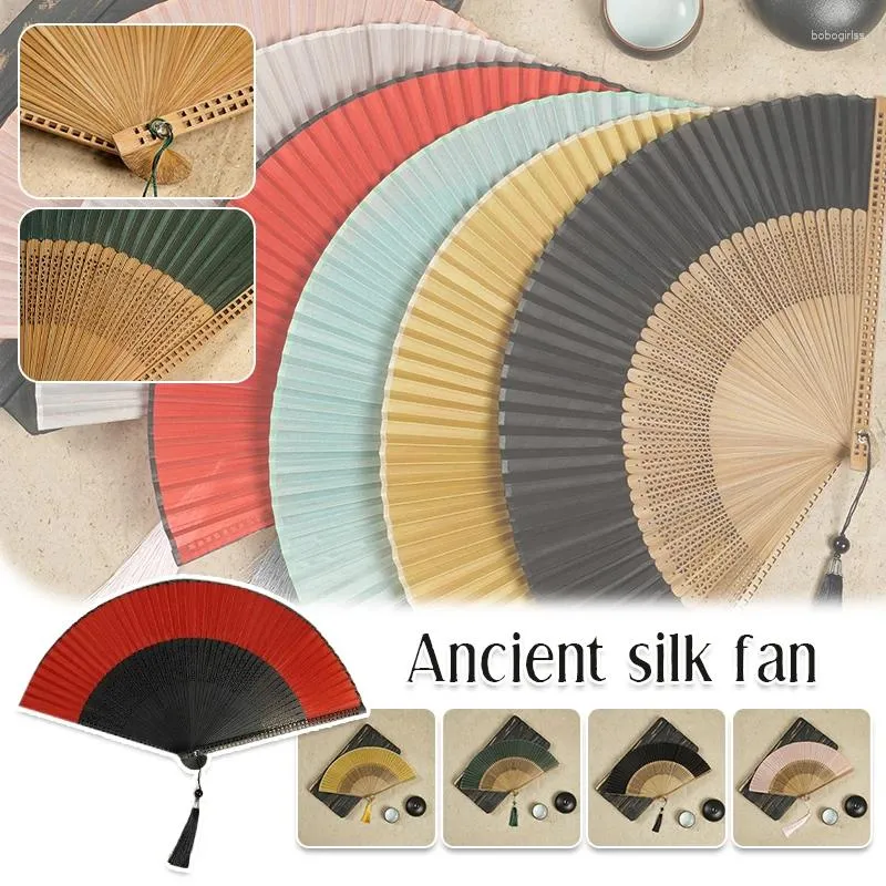 Dekorativa figurer Lång bambu ben handfläkt handgjorda orientaliska vintage stil som hålls fällbara fans silkes hantverk för kvinnor ladys