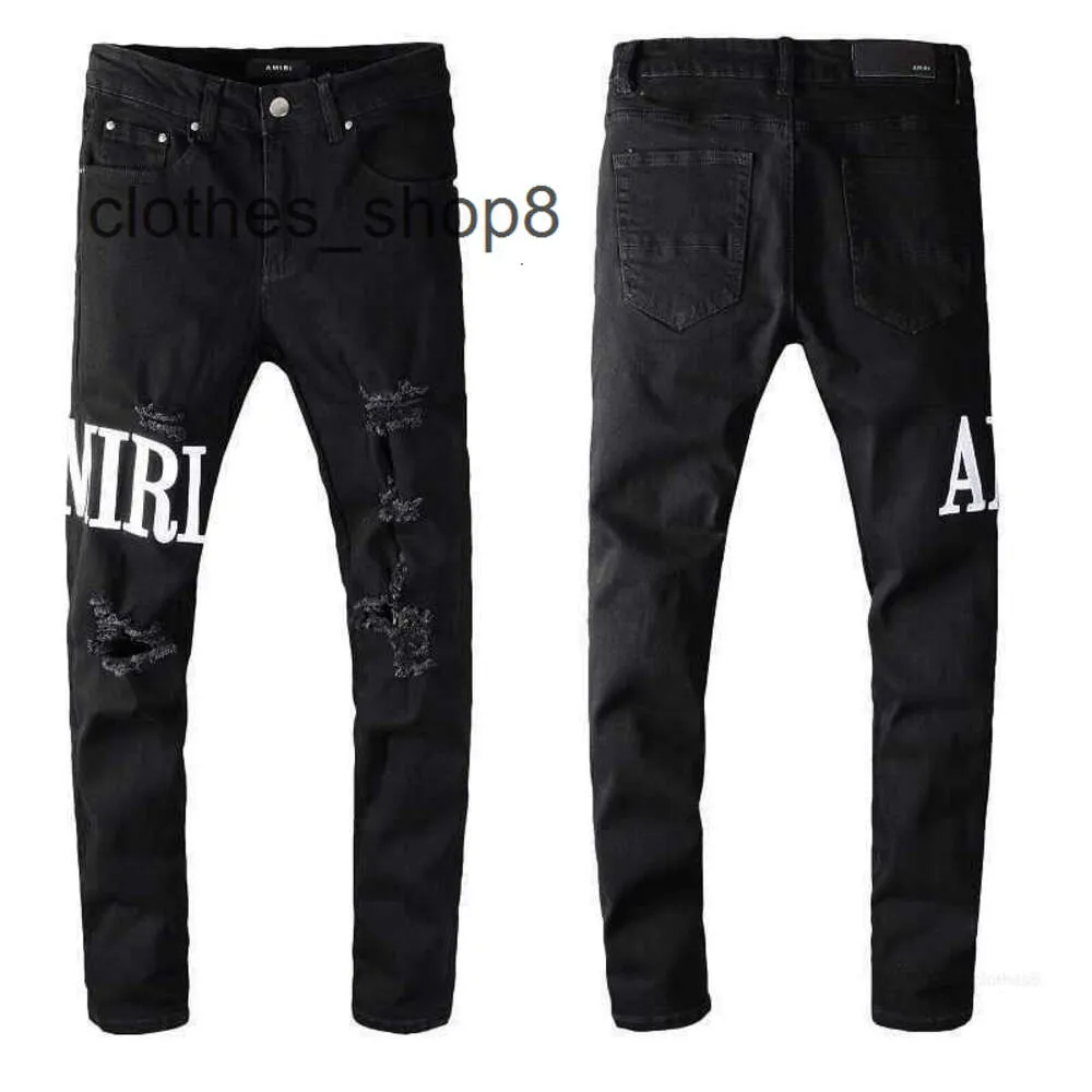 Denim amiirs jeans designer calças homem outono marca de moda am masculino preto perfurado bordado remendo elástico magro leggings pf6q